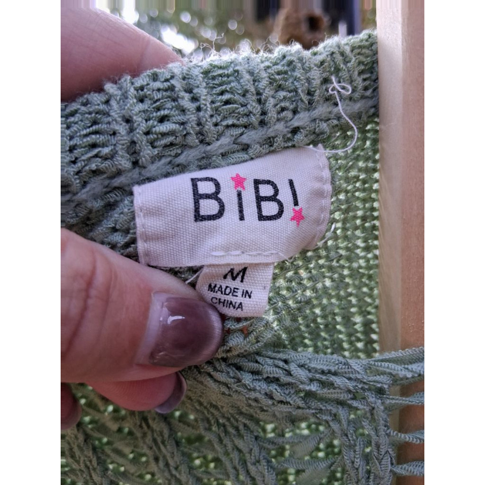BiBi Sage Green Open Knit Sweater M Boho Lightweight Crochet Pullover - Picture 4 of 9